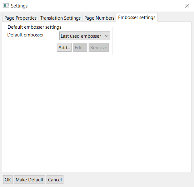 Settings window; Embosser tab