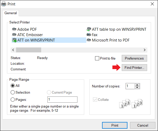 Print window; Red arrow pointing at Find Printer button