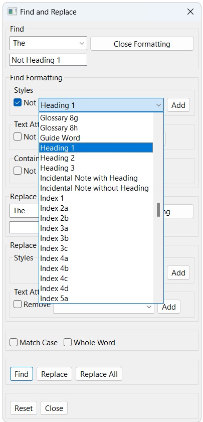 formatting window with not Heading 1 highlighted