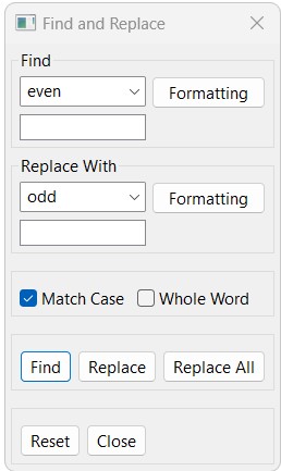 find and replace window with example