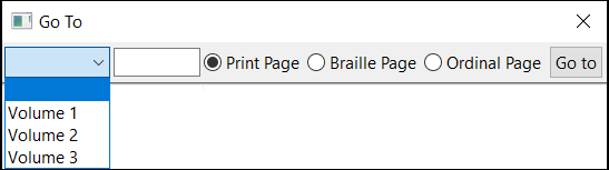 Go To window with Volume drop-down highlighted