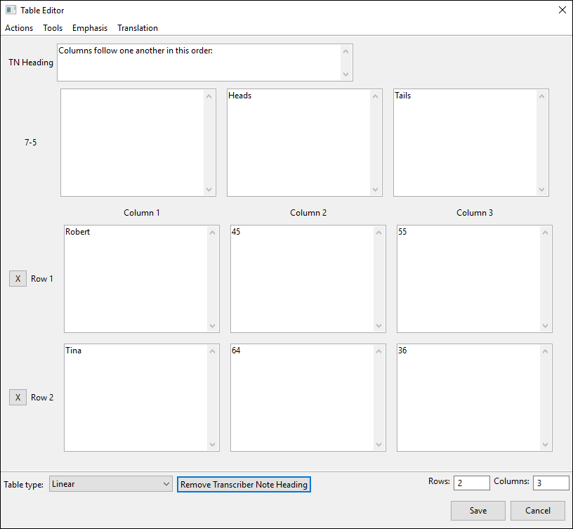 table editor window; linear table; remove transcriber note heading selected