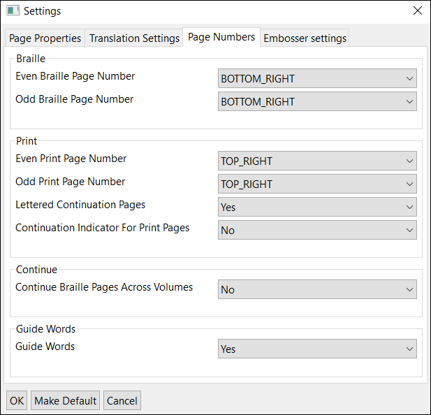 Settings window; Page Numbers tab