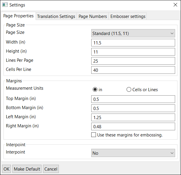 Settings window; Page Properties tab