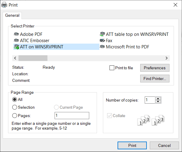 Print window; printer from list selected