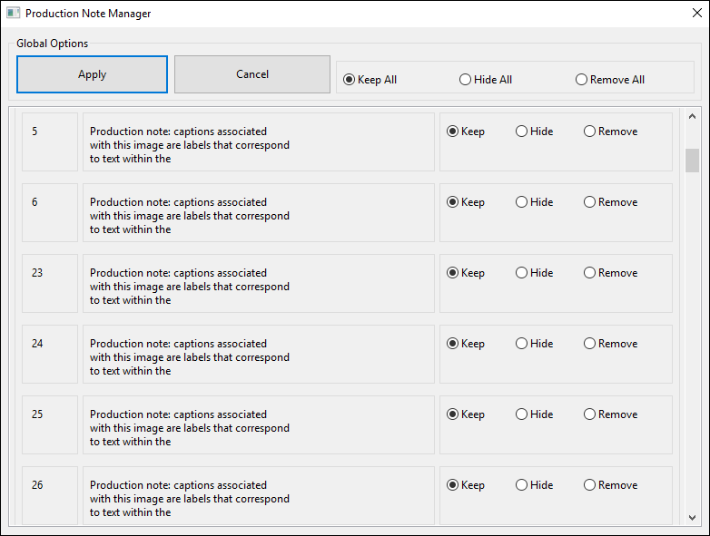 production note manager window