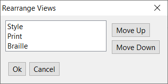 Views are arranged vertically, style, print, braille