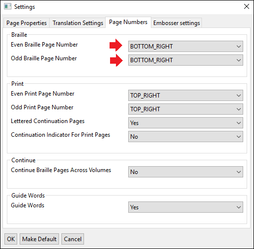 settings window; page numbers tab; even and odd braille page numbers indicated with red arrows