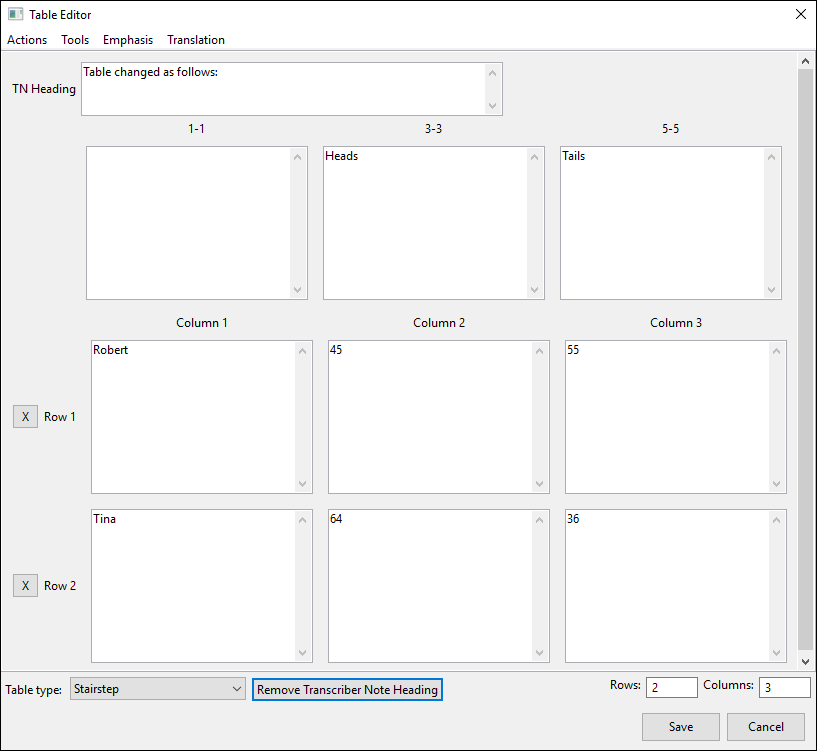 table editor window; stairstep table; remove transcriber note heading selected
