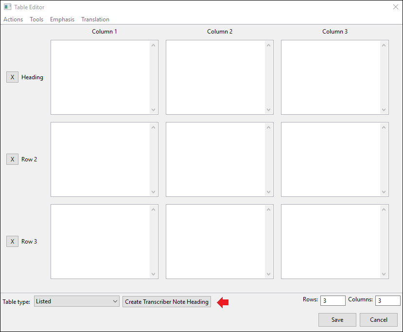 table editor window; listed table; create transcriber note heading indicated with red arrow